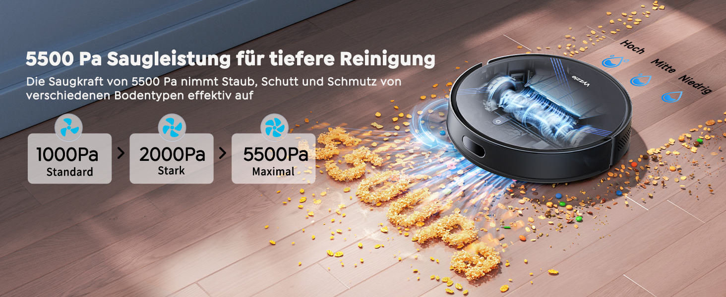 Робот-пилосос Vyzzle з вологою тканиною 5500 Па, док-станція 3.5л, для шерсті тварин, килимове покриття, керування через додаток, голосове керування Alexa & Google Assistant (Чорний)