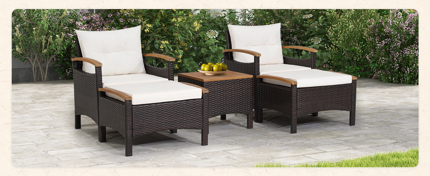 Набір садових меблів GIANTEX 5 предметів: 2 крісла, 2 пуфи та столик - ротанг, кремово-білий колір, для саду та балкону