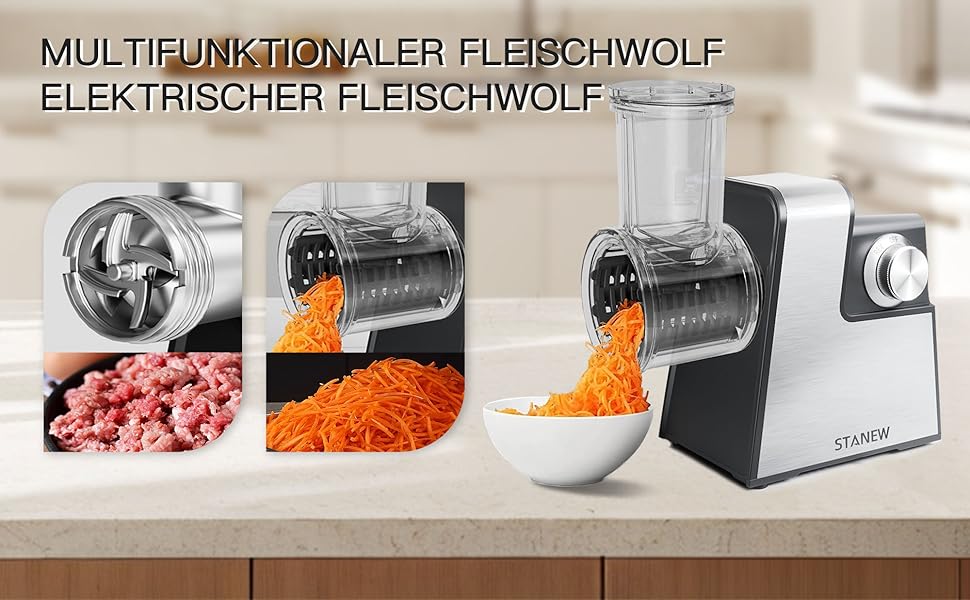 Електрична м'ясоподрібнювач STANEW 2500W з нержавіючої сталі [4-в-1] з 5 лезами (хвильовий ніж/різання/тертка) та подвійним мотором - для м'яса, овочів, зелені + насадка для ковбас та для вирізання печива