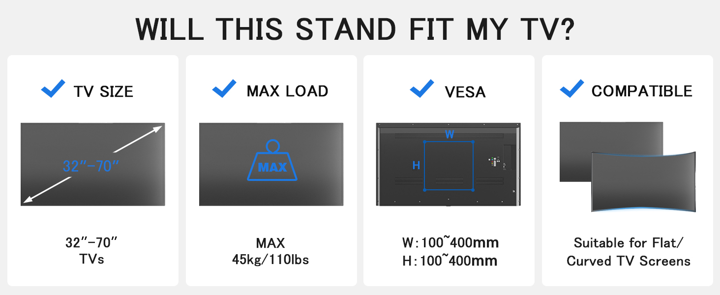 Підставка для телевізора TVON: мобільна, з регулюванням висоти, для 32-70 дюймів, до 45 кг, VESA 400x400 мм