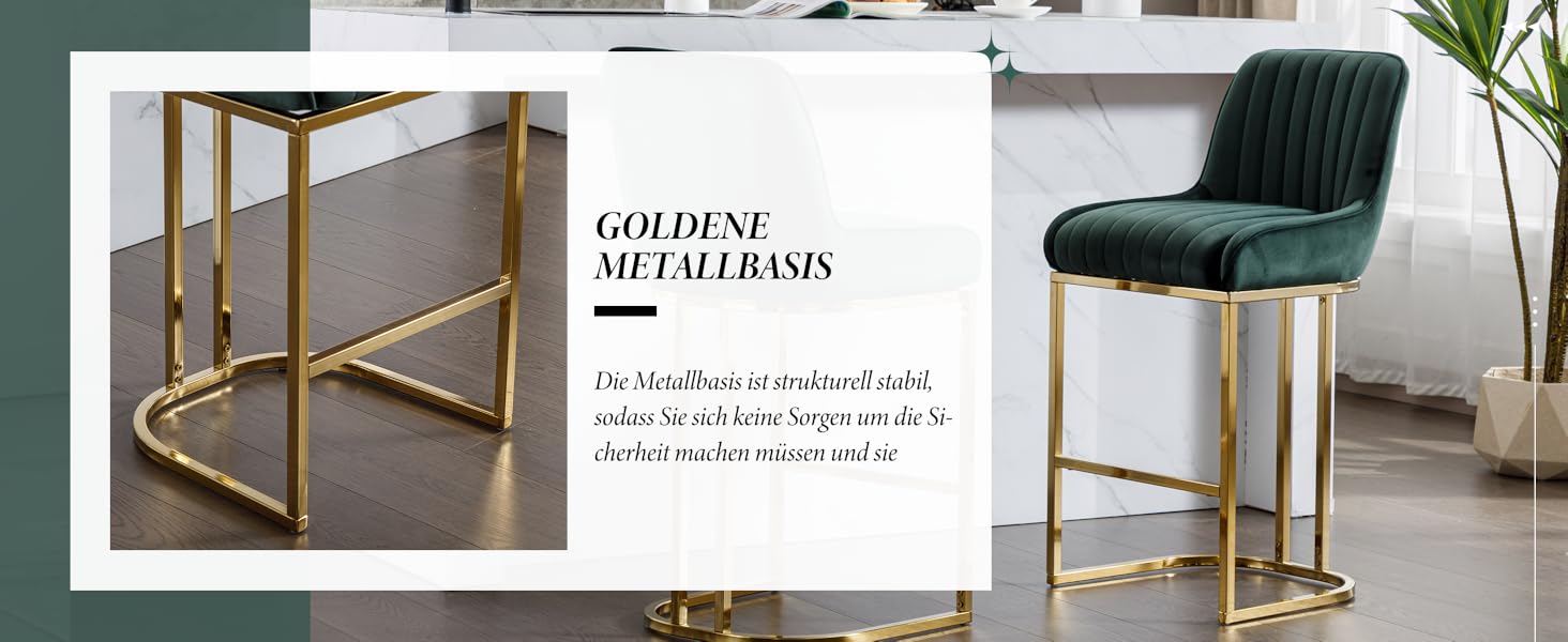 Набір з 2 барних стільців з велюру з золотистими ніжками, з підлокітниками та спинкою для кухонного острова/домашнього бару (зелений)