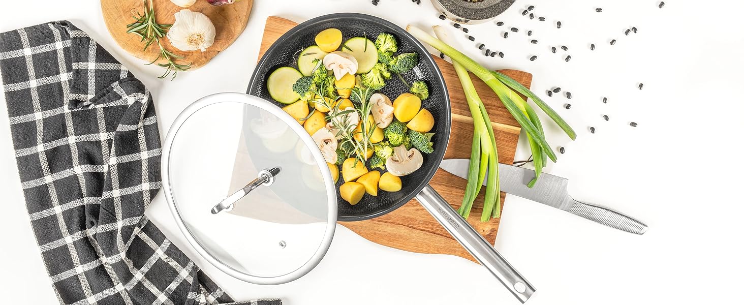 Сковорода з нержавіючої сталі Moritz & Moritz з кришкою 28 см з керамічним покриттям нового покоління - підходить для всіх типів плит - антипригарна сковорода з вафельною структурою для приготування, смаження та тушкування. Діаметр 28 см