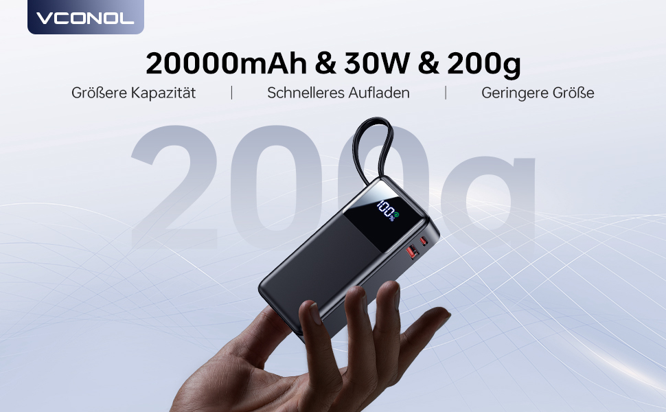 Швидка зарядка 30 Вт, компактний, LED-дисплей, чорний, 20000mAh, USB-C/A