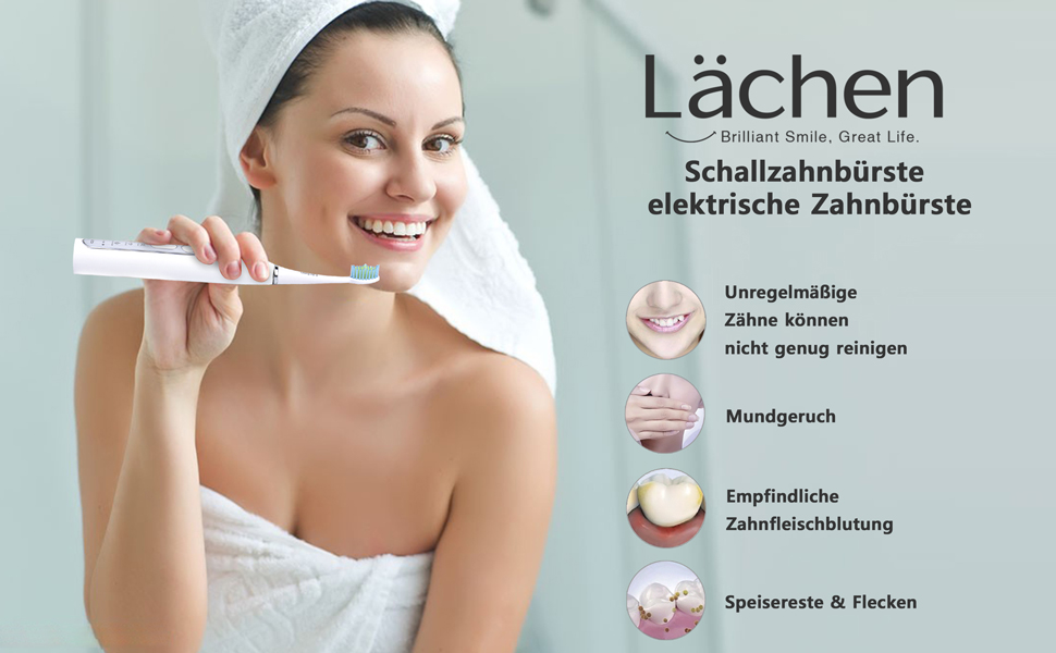 Електрична зубна щітка Lächen Sonic з 4 насадками, таймером, 3 режимами та 3 рівнями вібрації, у чохлі для подорожей (A-weiß)