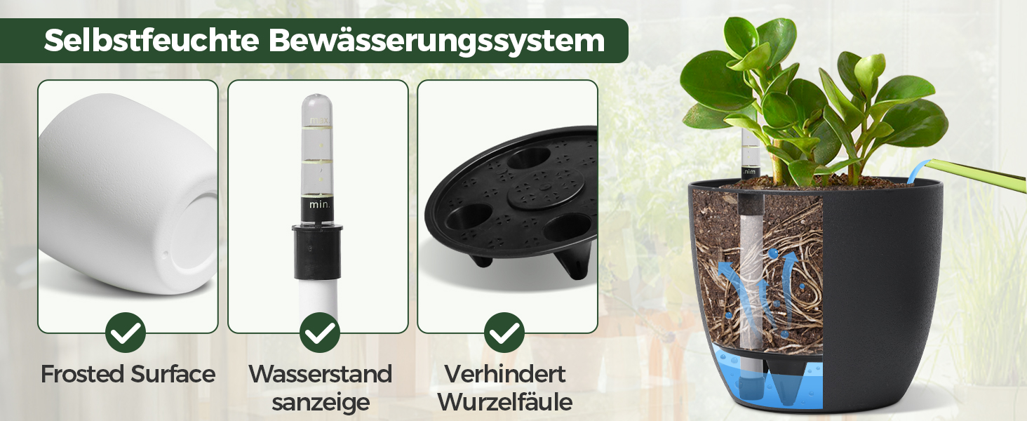 Набір горщиків для квітів T4U (4 шт.) з автополивом, індикатором води, 15 см, 22*21 см, чорний