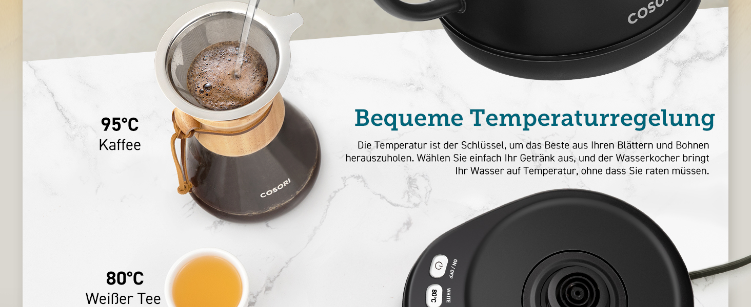 Електричний чайник Cosori з лебединим носиком, 0.8 л, регулювання температури, чорний