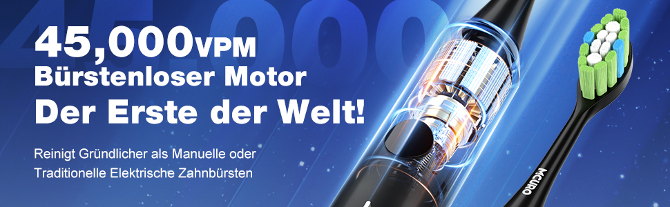 Електрична звукова зубна щітка, 45000 VPM, відбілювання за 1 тиждень, 120 днів роботи від акумулятора, індикатор заряду, 6 насадок DuPont, 5 режимів, таймер, чорна