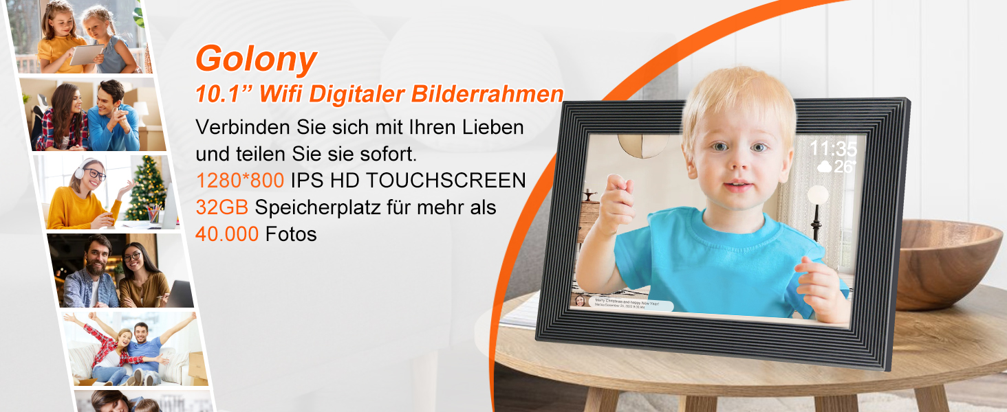 Цифровий фоторамка Frameo WLAN, 10.1 дюйми, LCD сенсорний екран 1280x800, 32GB, автоматичне обертання, підключення Wi-Fi, сумісний з додатком Frameo