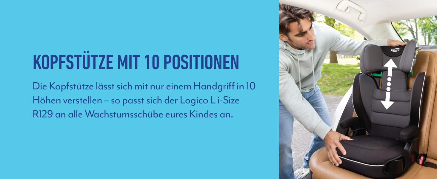 Автокрісло Graco Logico™ L i-Size R 129: 3,5-12 років, 100-150 см, регульовані підлокітники, знімний чохол, кріплення ременем безпеки, чорний колір, Midnight