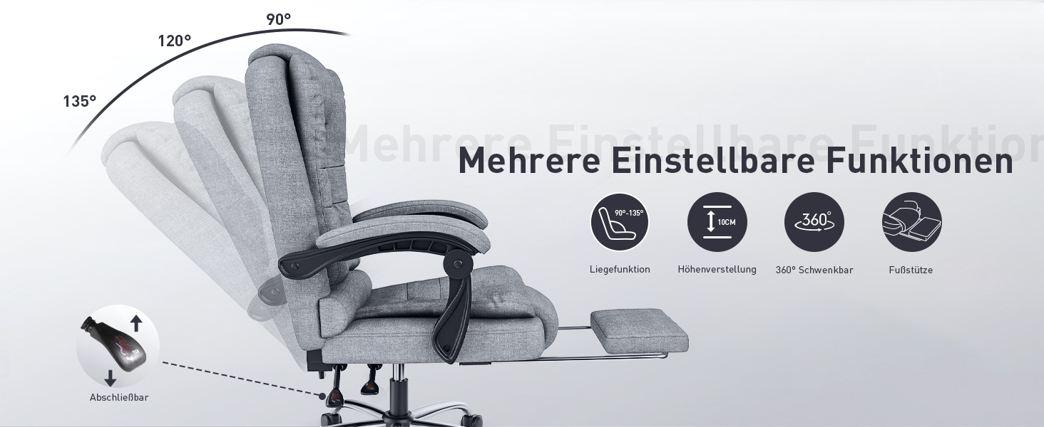 Офісний крісло Rattantree з підніжкою, ергономічний, для комп'ютера, з підлокітниками, регульований, для керівника, сірий, тканина