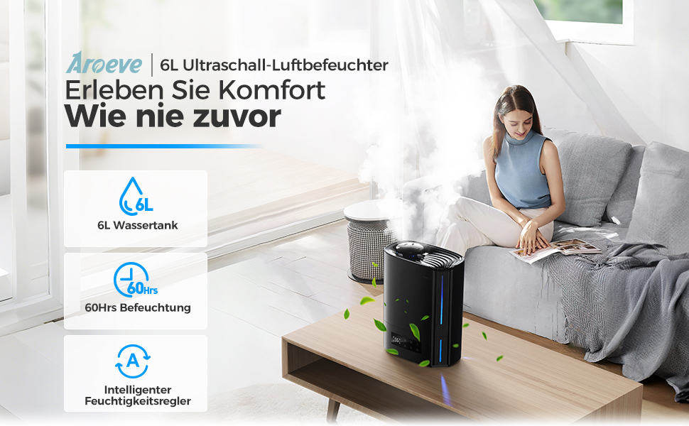 Зволожувач повітря AROEVE 6л для спальні, дитячої, кімнатних рослин, з аромадифузором, ультразвуковий, тихий (60 годин), чорний