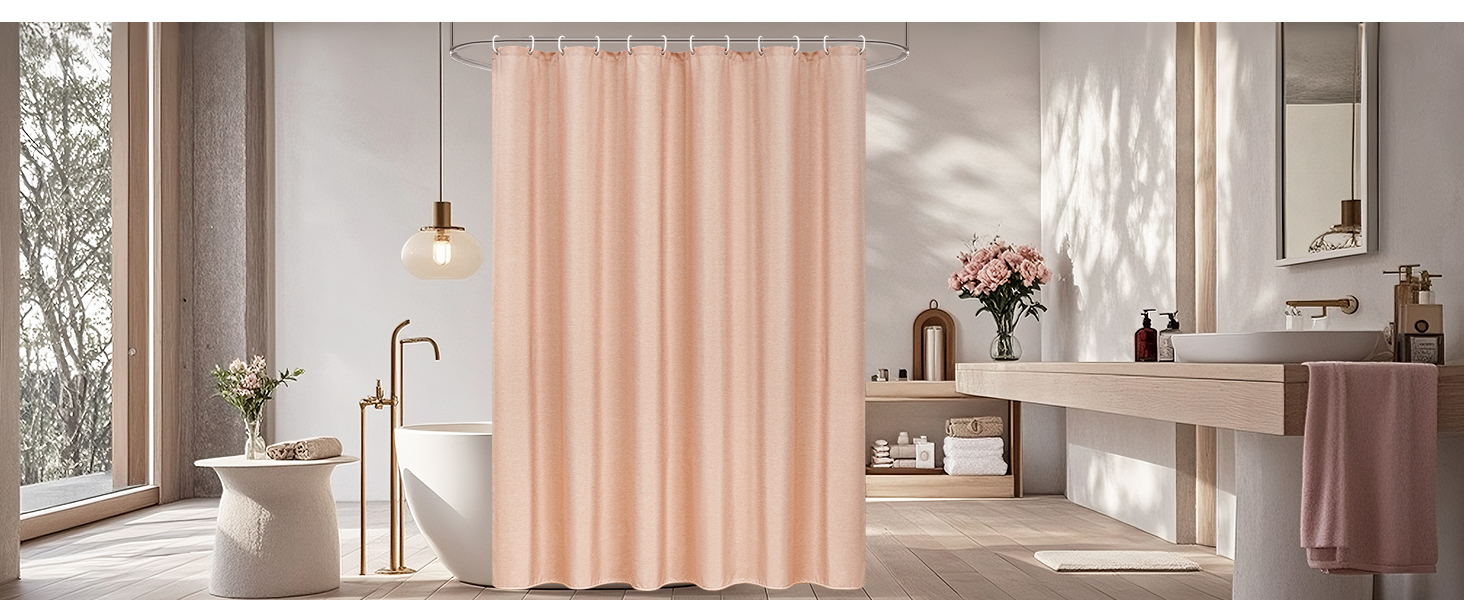 Шторка для душу EurCross з льону, текстурована, 180x220 см, текстиль, водонепроникна, з 12 колечками, рожева, для готелю, антигрибкова, миється