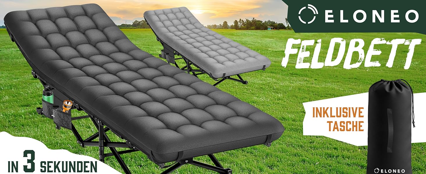 Складане розкладне ліжко ELONEO NEU для кемпінгу та подорожей з преміум-матрацом, витримує до 200 кг, з сумкою для перенесення, антрацит