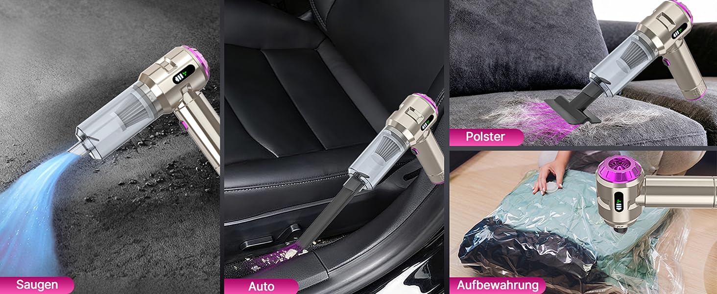 Акумуляторний ручний пилосос Piwaal 4-в-1, 22000Па, безщітковий двигун з функцією обдуву (220000 об/хв), для авто, дому, офісу та комп'ютера, чорний