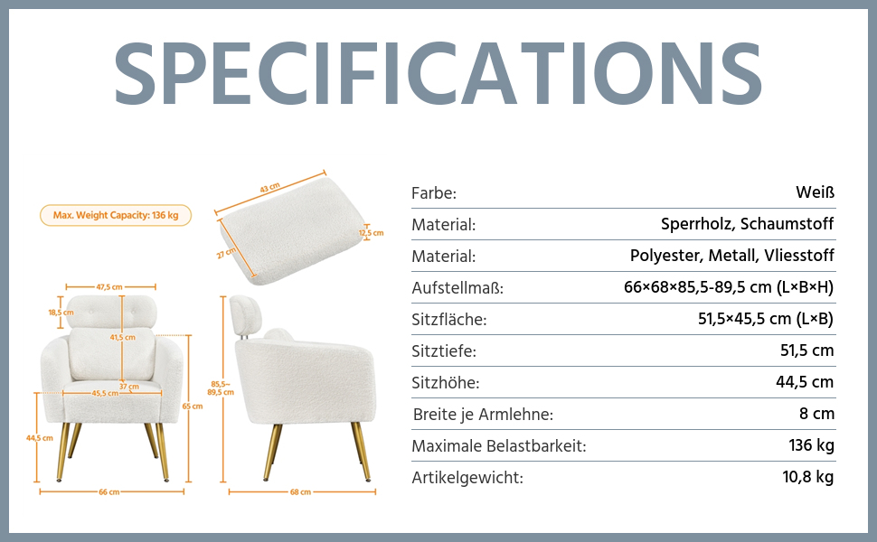 Крісло Yaheetech з тканини букле, м'яке, з регульованою підголівником, для вітальні/офісу, біле