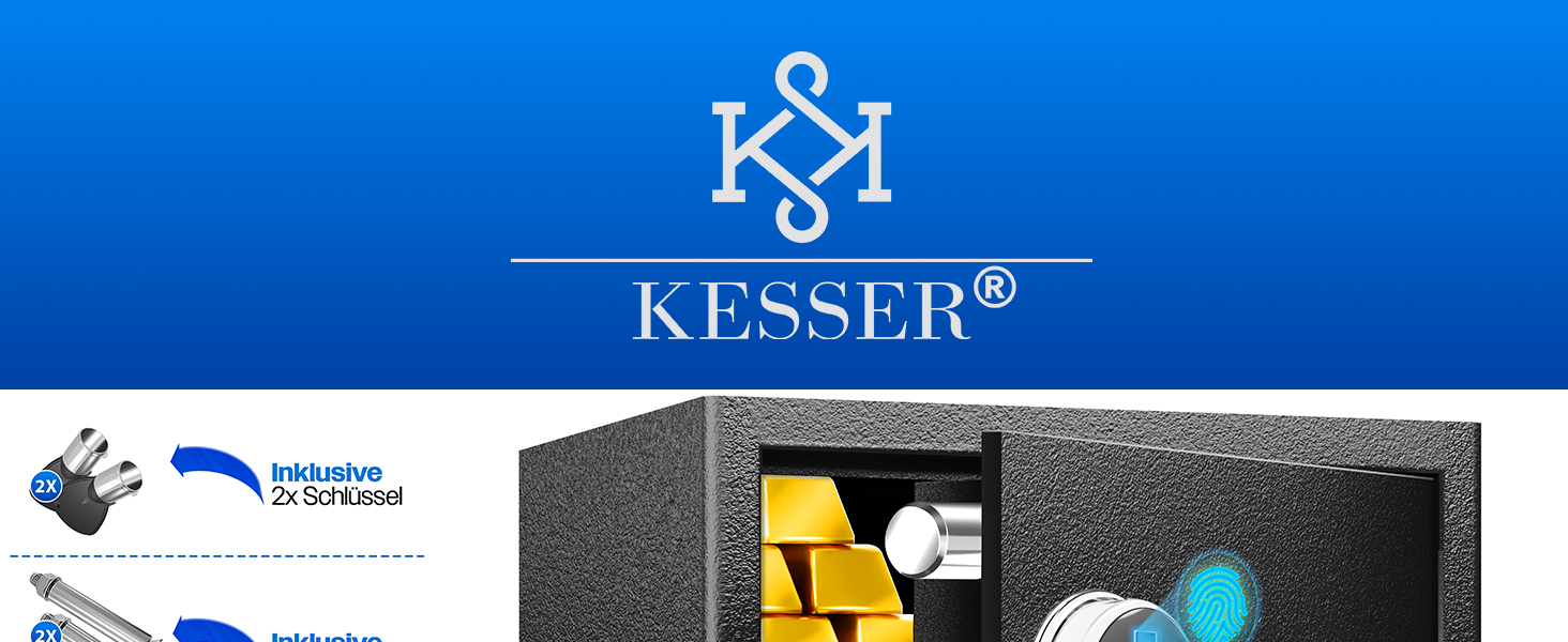 Електричний сейф KESSER M з біометричним сканером відбитка пальця та ключем, чорний — настінний та меблевий бронесейф із подвійним ригелем та аварійним акумулятором