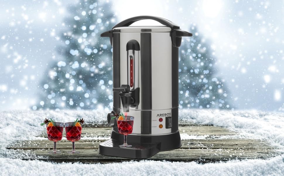 Електричний глінтвейнер Arebos 950 Вт | Диспенсер гарячих напоїв, 6.8 л | З піддоном, краном, термостатом та захистом від перегріву | Регулювання температури 30-110°C, сріблястий