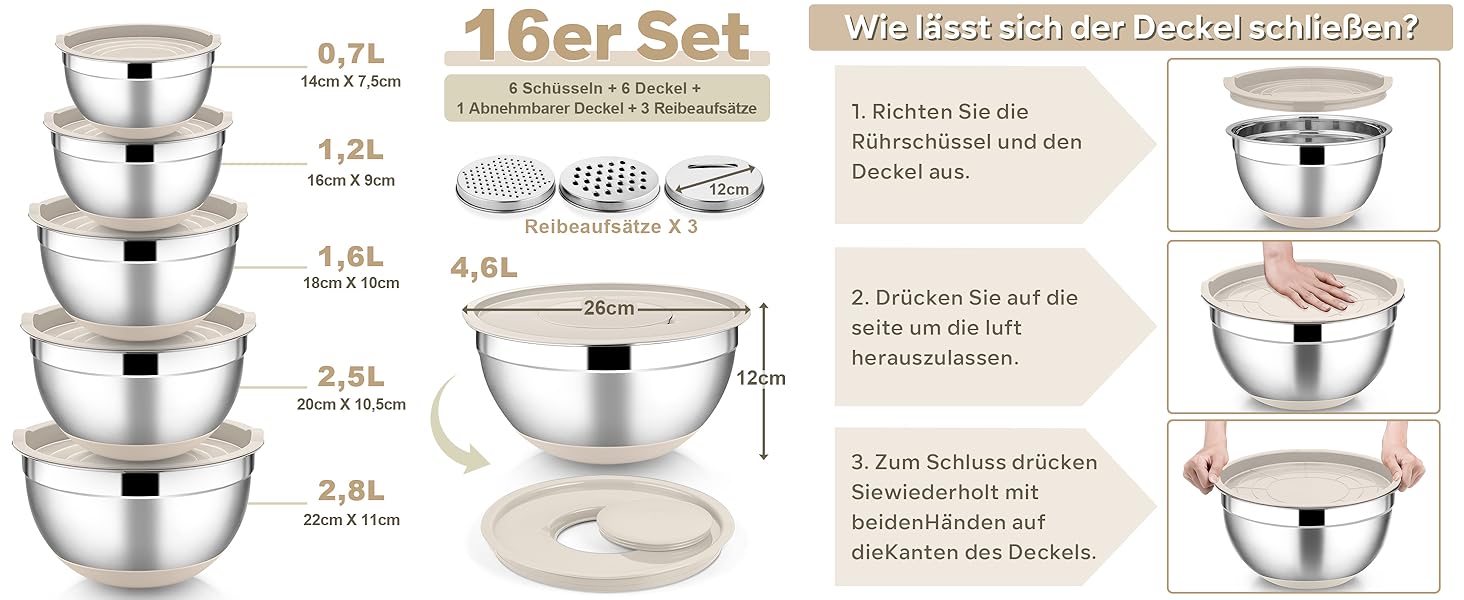 Набір мисок HaWare 6 шт. з нержавіючої сталі з кришками та набором терок, 4.6л/2.8л/2.5л/1.6л/1.2л/0.7л, з силіконовим дном, для миття в посудомийній машині