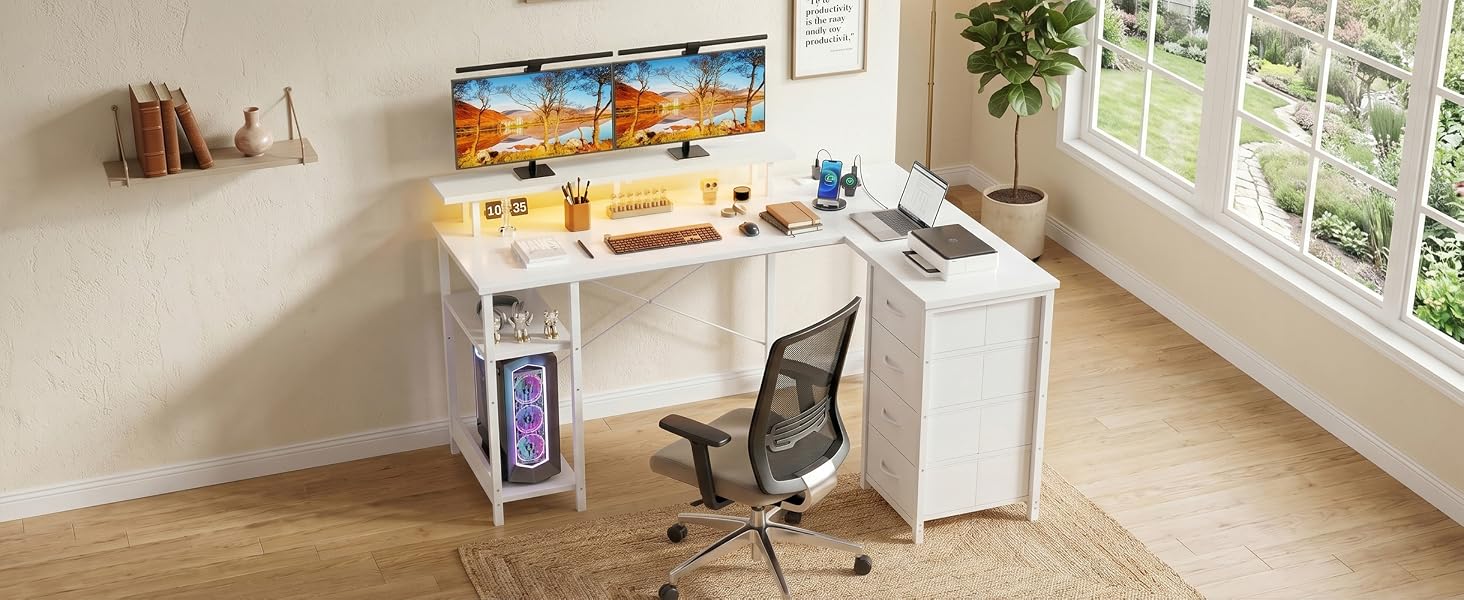 Кутовий ігровий стіл YOUDENOVA L-подібний з LED-підсвіткою, 4 шухлядами та розеткою, комп'ютерний стіл для геймерів та офісу з полицею для монітора, білий, 142x107 см