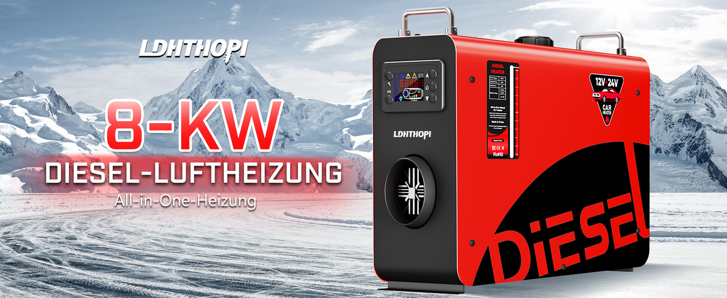 Дизельний опалювач LDHTHOPI 8 кВт, 12/24V з таймером, LCD-дисплеєм та пультом, швидкий нагрів 4.5л, для гаража, кемпінгу, автодому, червоний