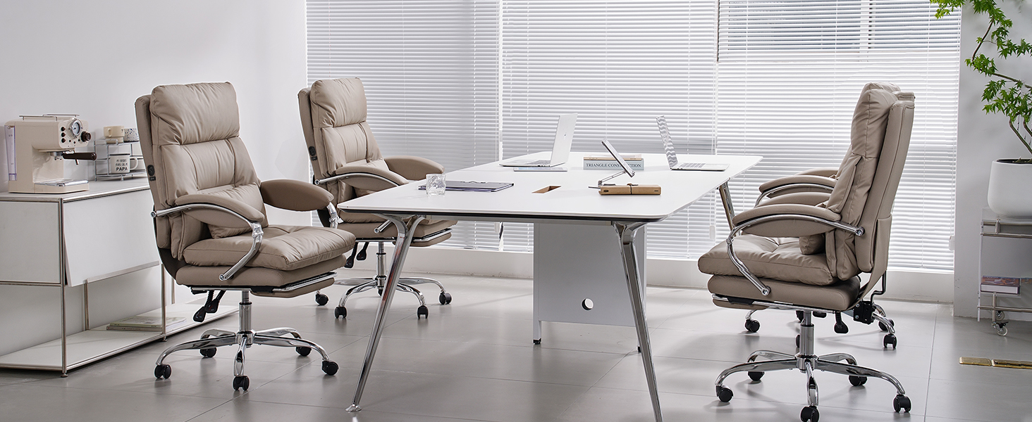 Офісний крісло EMIAH з підставкою для ніг, ергономічний крісло для офісу та дому, комп'ютерне крісло з PU шкіри, з підлокітниками та роликами (Хакі)