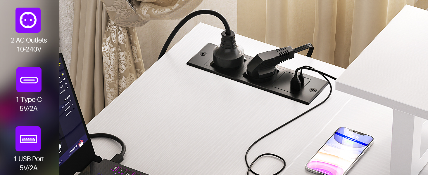 Ігровий кутовий стіл L-подібної форми з LED-підсвічуванням та розетками, 120x70 см, колір дуб (білий)