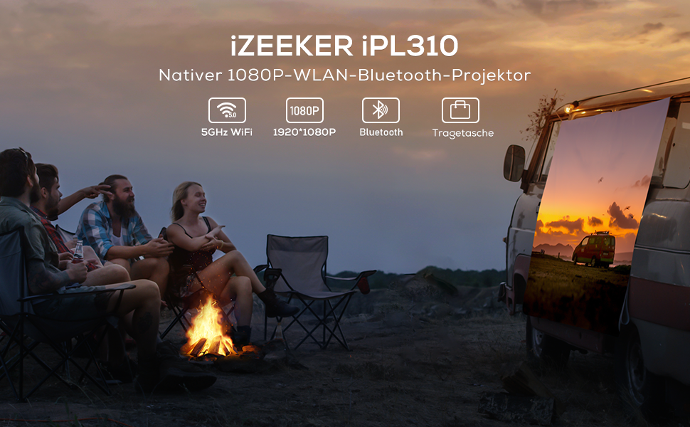 Портативний проєктор iZEEKER Mini з підтримкою 4K, WiFi, Bluetooth, HDMI, iOS, Android, PS5. Яскравість 10000 Lux, Full HD 1080P, 300 дюймів для домашнього кінотеатру. Чорний колір.