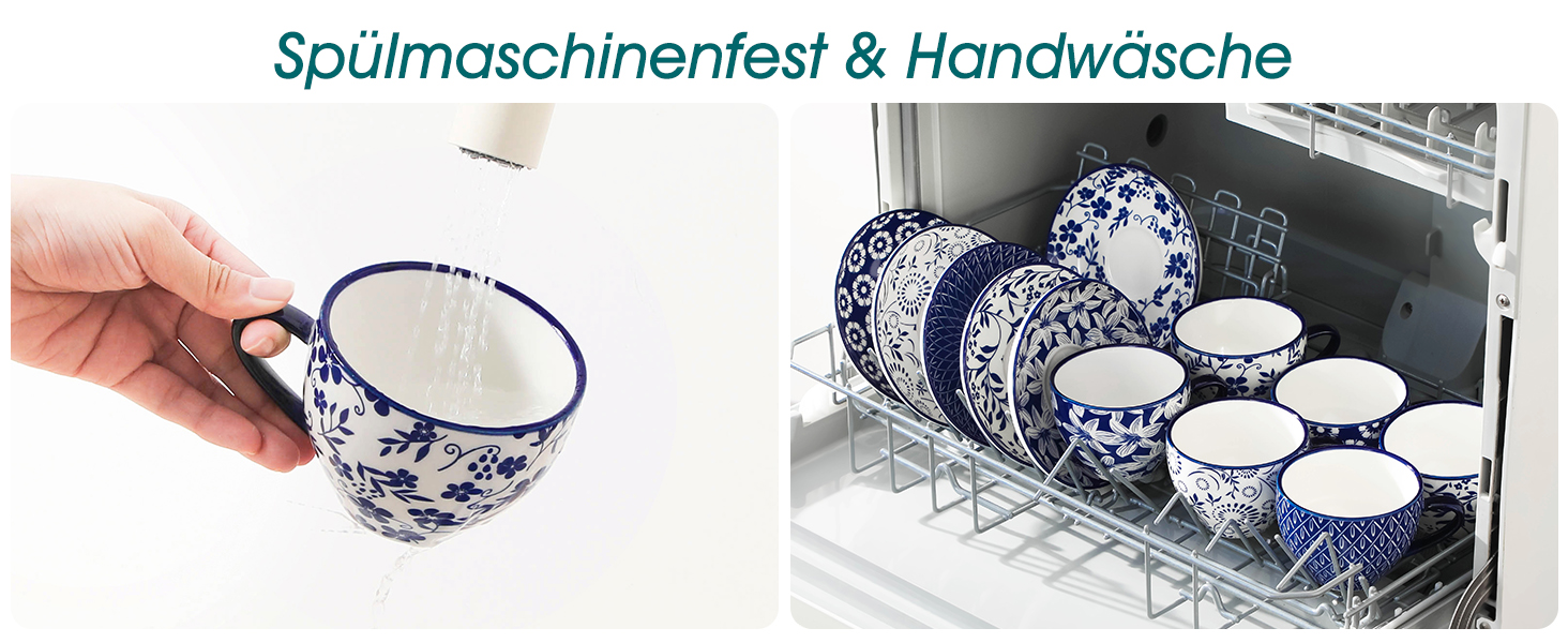 Набір кавових чашок Vancasso Selene, 6 шт., 360 мл, блакитно-білий вінтажний дизайн, для кави, молока, чаю та какао