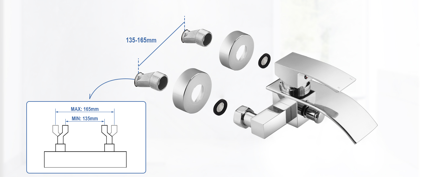 Набір для ванни з водоспадом: змішувач, душова лійка, шланг, кріплення для стіни (хром)