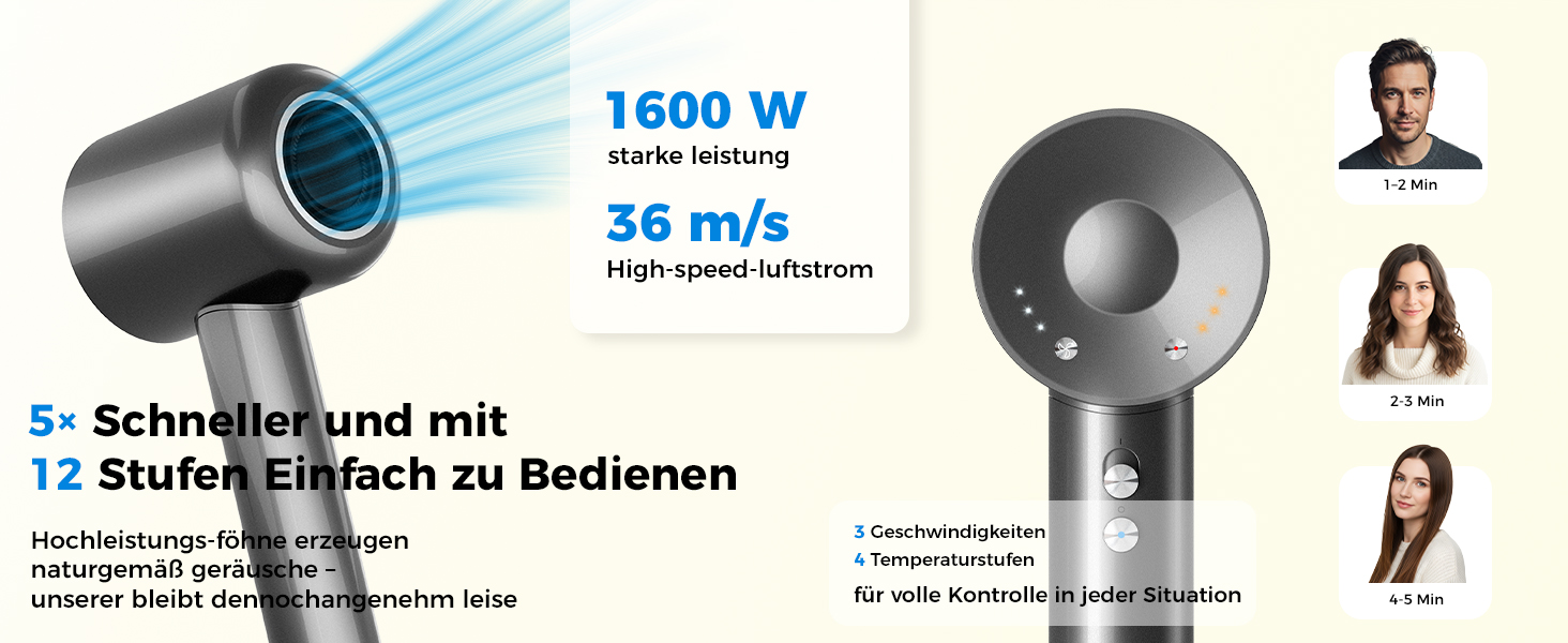 Фен для волосся з дифузором та 5 насадками для стайлінгу, іонізація, безщітковий мотор 1600 Вт, низький рівень шуму, сірий