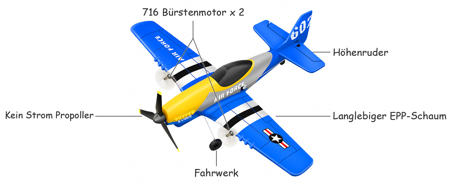 RC літак HAWK'S WORK P-51D Mustang 2.4GHz, готовий до польоту, 6-осьовий гіростабілізатор, синій - для дітей та початківців