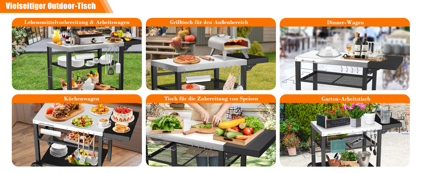 Нержавіюча сталева візок для гриля Denmay з 3 ярусами, піч для піци, робочий стіл для гриля, візок для обслуговування на відкритому повітрі