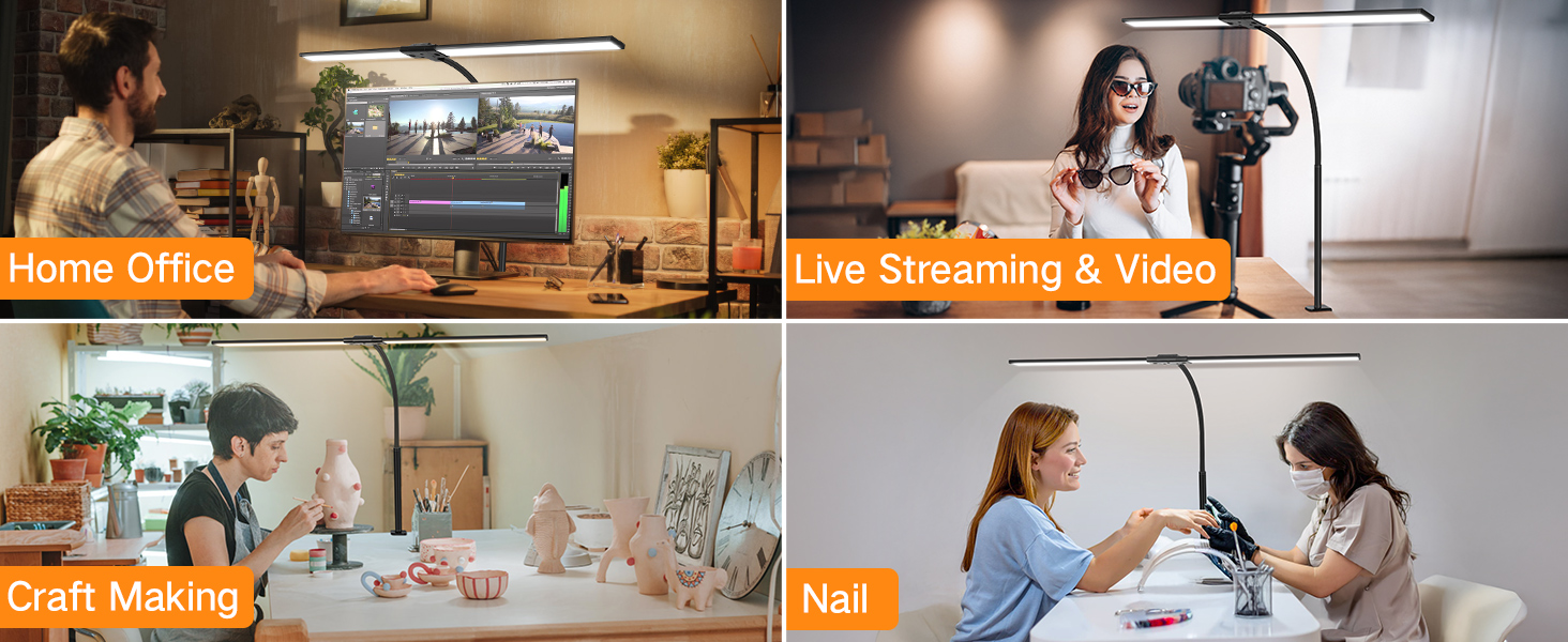 OUTON LED лампа для столу з двома головками, 85.5 см, 1600 люмен, сенсорне керування, регулювання яскравості, 5 температур кольору, таймер, пам'ять, захист очей, кріпиться за допомогою затискача, для офісу та дому, чорний