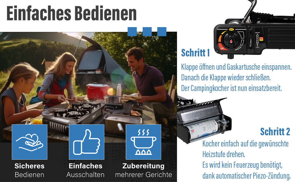 Преміум газовий набір для кемпінгу ZMC з 2 конфорками, 2,5 кВт, Piezo-запалювання, валіза для транспортування. Ідеально для відпочинку на природі, балкону та дому. Включає гриль-плиту 45×24 см та 227г газові картриджі.