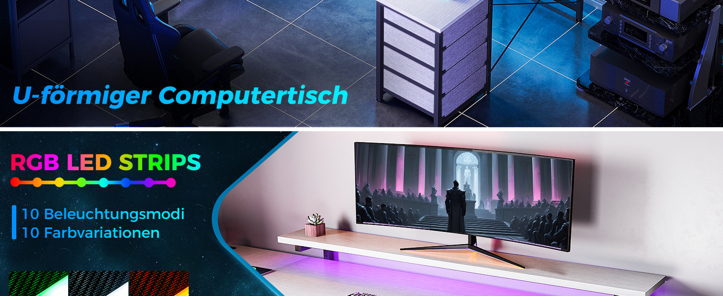 Кутовий стіл ODK з 4 шухлядами, місцем для зберігання, 2 розетками та 2 USB-портами для зарядки, з підсвічуванням LED та підставкою для монітора, 167×102 см, білий