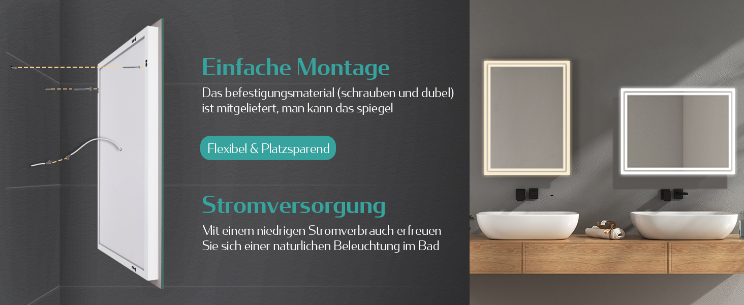 Дзеркало для ванної кімнати EMKE з підсвічуванням 50x60 см, з вимикачем-кришкою, антивміст, 2 кольори світла (тепле/холодне), LED, горизонтальне/вертикальне встановлення