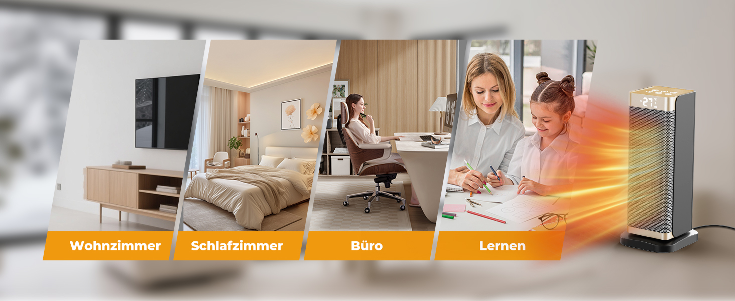 Електричний обігрівач 2000W з енергозбереженням, тихий, 3 режими, PTC кераміка, швидкий нагрів, ECO-режим, пульт ДУ, таймер 12H, поворот 70°, для офісу, спальні, ванної кімнати, золотий