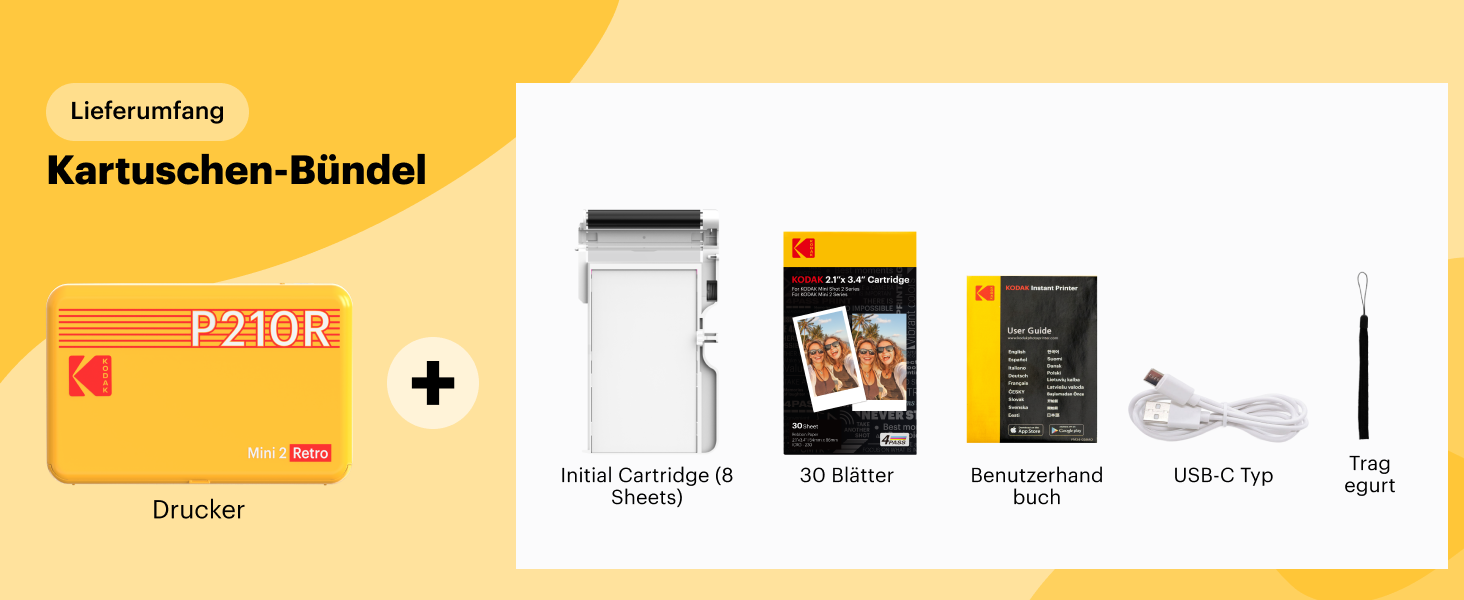 KODAK P210 Mini 2 Retro: Портативний кольоровий фотопринтер, Bluetooth, 54x86 мм, Laminierung, 6 картриджів, 38 аркушів