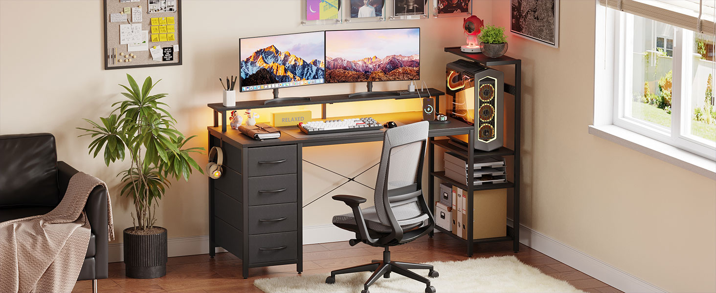 Ігровий стіл APICIZON 150 см з поличкою, підставкою під монітор та RGB-підсвіткою, чорний. Комп'ютерний стіл з USB, тримачем для навушників та підставки для чашки, карбоновий дизайн