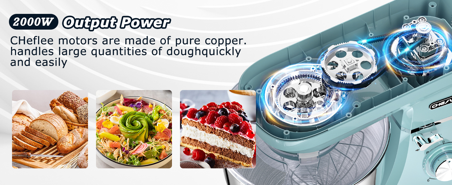 Кухонна машина Cheflee 2000W: потужна планетарна міксер для тіста та збивання, 6 швидкостей, 7.2 л чаша з нержавіючої сталі, гак для тіста та вінчик, захист від бризок (блакитна)