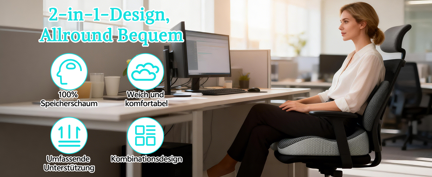 Комплект подушок для сидіння та спини Suewidfay з піни Memory Foam, ергономічні, для офісного крісла, авто, інвалідного візка - світло-сірий