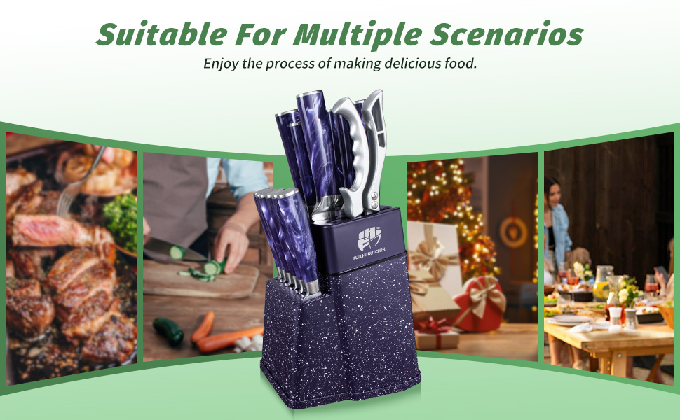 Набір кухонних ножів Fullhi 14 предметів з бруском та чохлом, набір кухонних ножів для приготування стейків, кольорова ручка (фіолетовий смоляний)