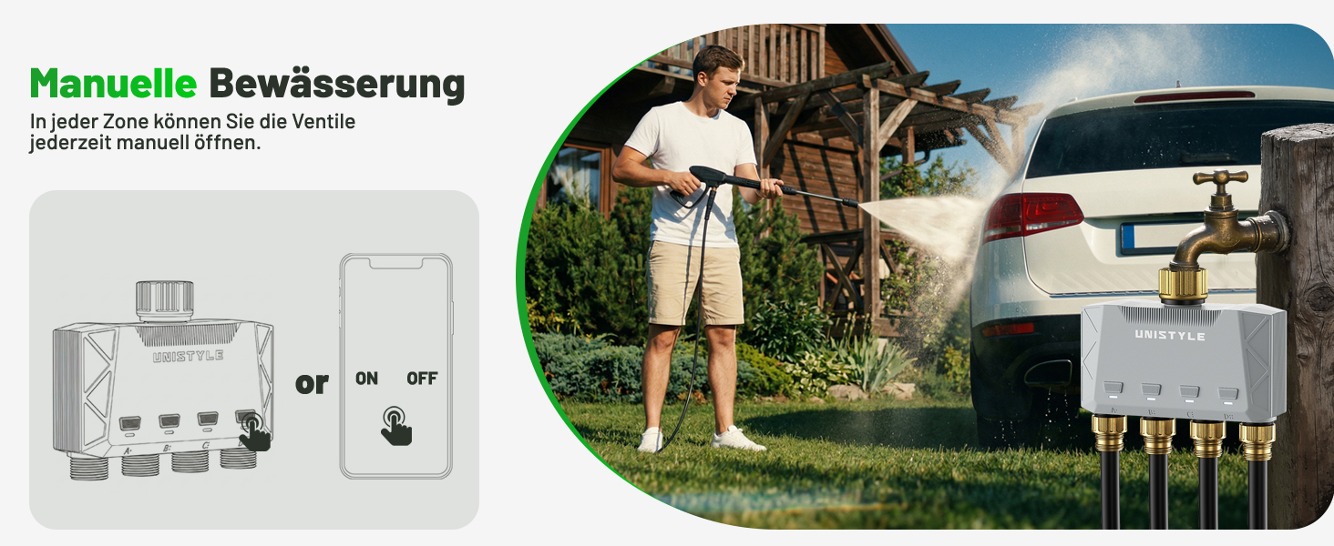 Розумний таймер для поливу GardenLife з Wi-Fi, 4 канали, керування через додаток та голосові команди, 5 програм поливу для газону та саду