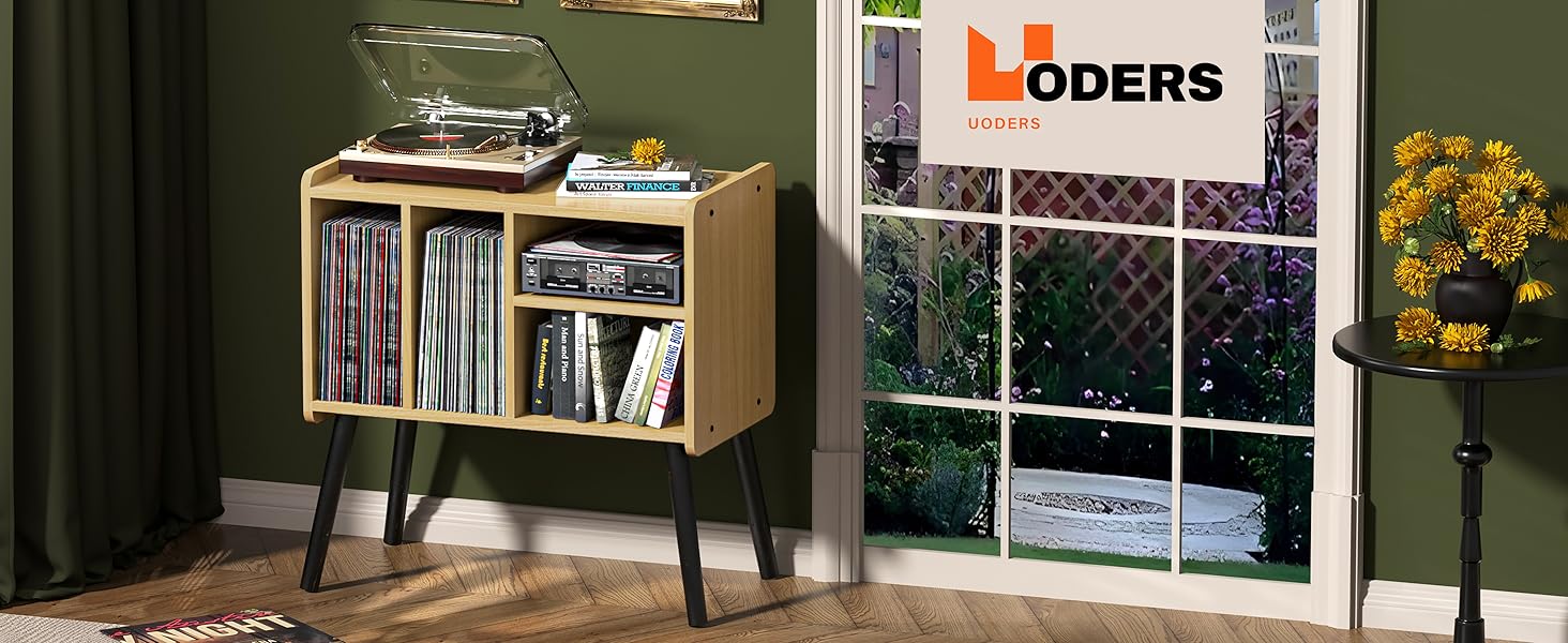 Стіл для програвача, стійка для вінілових пластинок в стилі середини століття з місцем для зберігання до 150+ альбомів, шафа для вінілових пластинок з регульованими полицями (горіх)