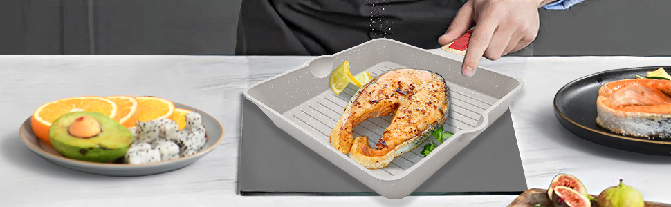 Сковорода-гриль AIKENBBKK 24x24 см з знімним ручками, антипригарне покриття, для стейків, сумісна з духовкою, миється в посудомийній машині (біла)