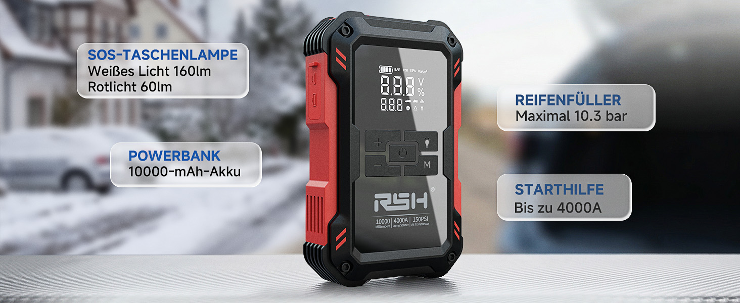 Пусковий пристрій RSH 4000A Jump Starter з компресором 150 PSI, бустер для авто 12V (бензин до 9.0L, дизель до 6.5L), Powerbank 10000 mAh та LED-ліхтарем, 4-в-1