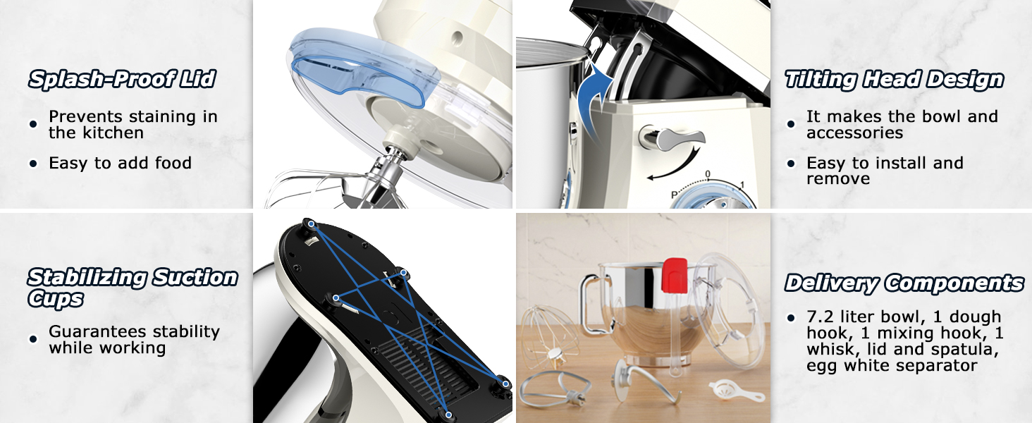 Кухонна машина Cheflee 2000W: потужна планетарна міксер для тіста та збивання, 6 швидкостей, 7.2 л чаша з нержавіючої сталі, гак для тіста та вінчик, захист від бризок (Cream White)