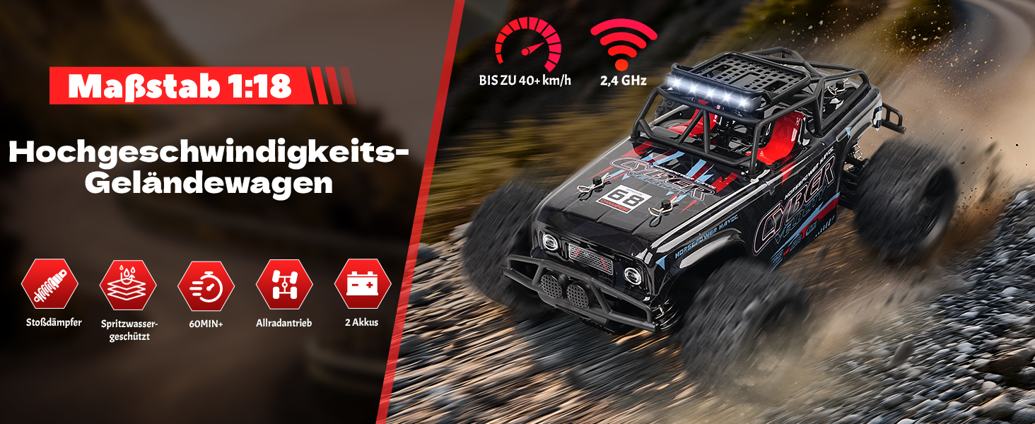 Радіокерований позашляховик 1:18, 4WD, 40 км/год, 2 батареї, 2.4GHz, чорний - іграшка для дітей та дорослих