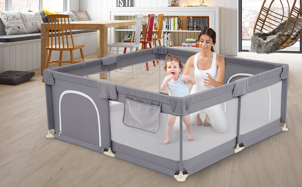 Манеж Baby XXL, 150x150 см, дихаюча сітка, захисна огорожа, сірий