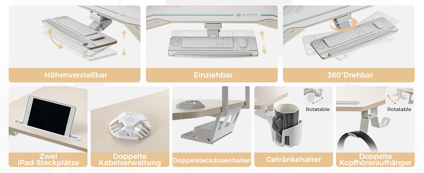 Ігровий стіл EUREKA ERGONOMIC 160x74 см з крилами, для ПК, з 2 відсіками для iPad, для дому, офісу, стрімінгу, білий акорн